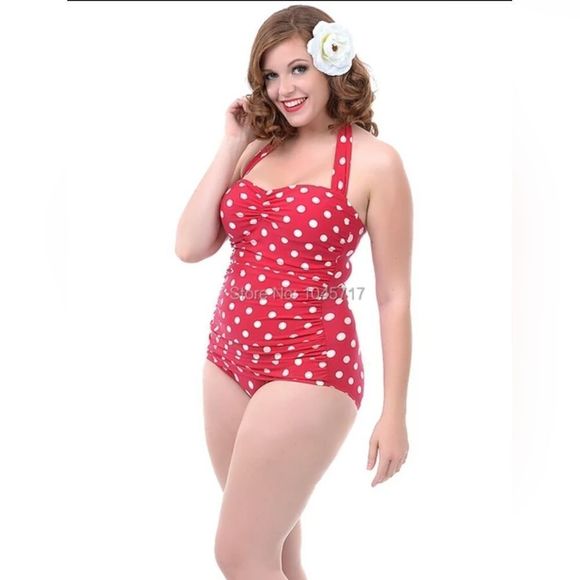 YONIQUE Womens Red & White Polka Dot Convertible Pin Up Swimsuit NWT Plus Sz. 22 - Picture 2 of 10